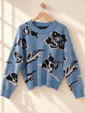 Vero Moda, Oversized Floral Knit Sweater, Blue Black Cream, Size L